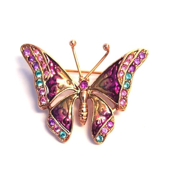 Vintage Enamel Rhinestone Butterfly Pin - Pink, Purple - Picture 1 of 2